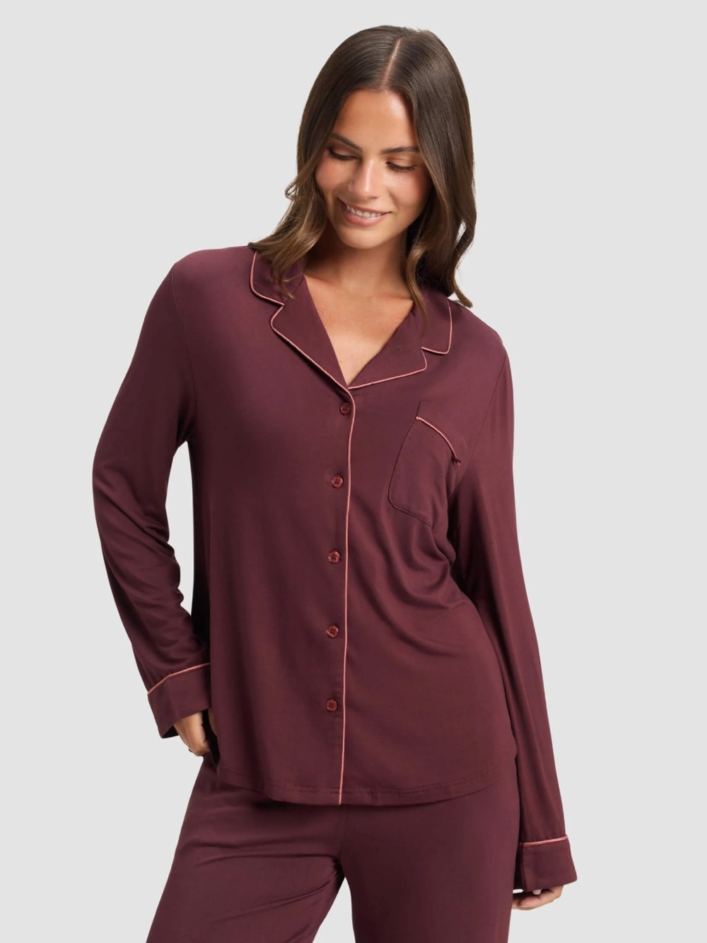 Cozy Earth Women's Bamboo Stretch-Knit Long Sleeve Pajama Top - Burgundy